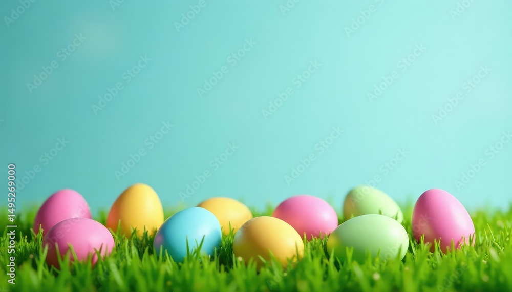 Vibrant pastel-colored Easter eggs scattered on a grassy field background , colorful, painted, spring Vibrant pastel-colored Easter eggs scattered on a grassy field background , colorful, painted, spring