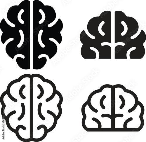 Human brain logo icons set black flat and outline styles. Thinking concept idea. Medical healthcare Signs. Human body internal organ vectors illustration collection isolated on transparent background.