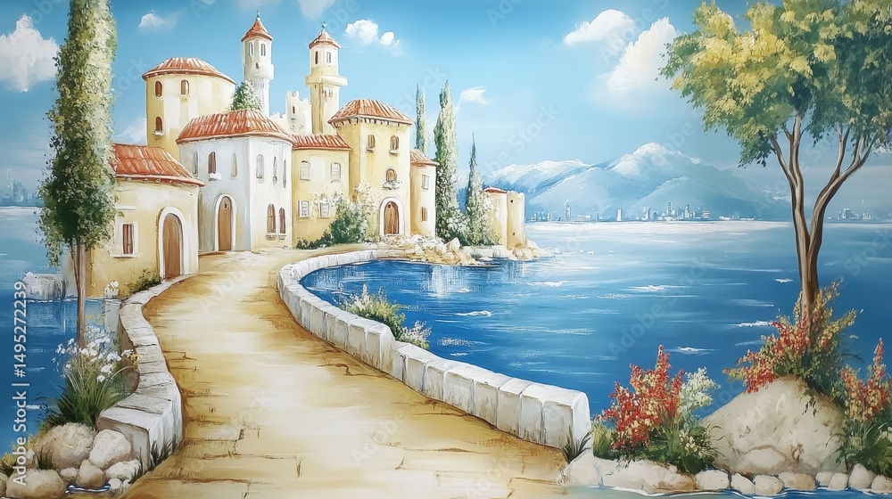 Fototapeta premium Coastal village scene with a winding pathway.