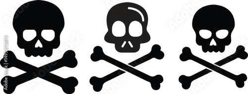 Human skull and crossbones flat icon set. Death, danger or poison symbols. Mortality signs illustration. Satanic imagery. Horror vectors. Occult, demon, rock and roll logos. Skeleton head silhouette.