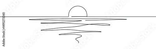 Sun on sea continuous one line drawing. Hand drawn sunshine.