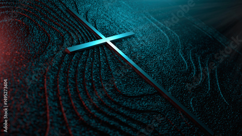 The cross on dark background with sunlight. 3d render illustration