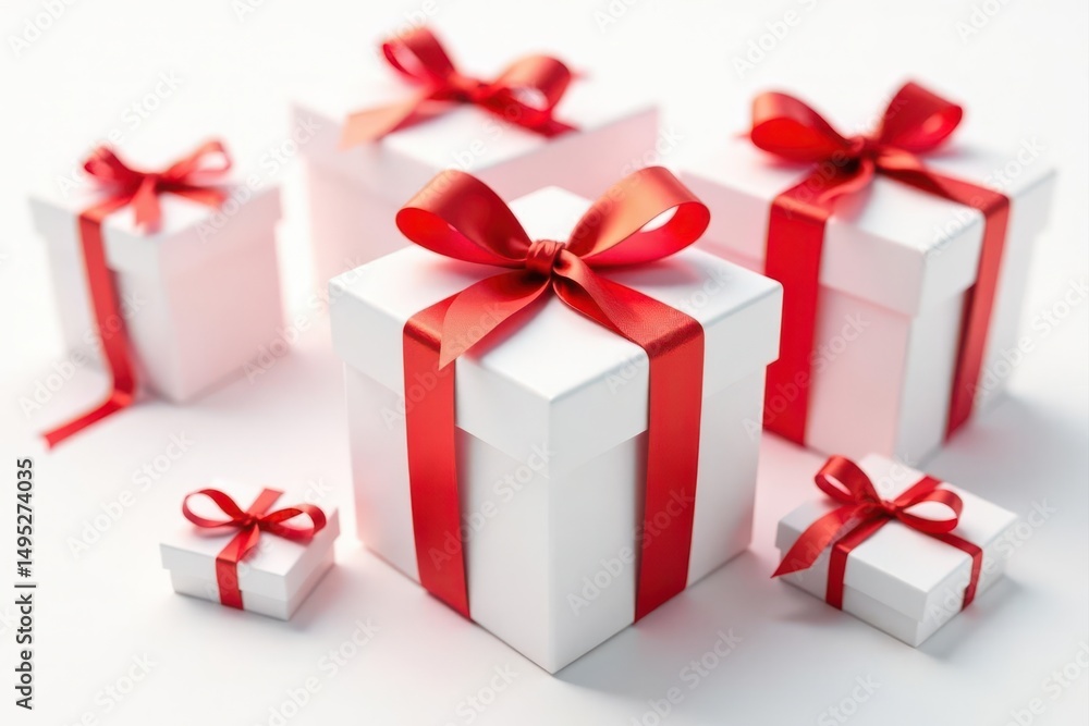 Several white gift boxes with elegant red ribbons, isolated on white , photography, graphic Several white gift boxes with elegant red ribbons, isolated on white , photography, graphic