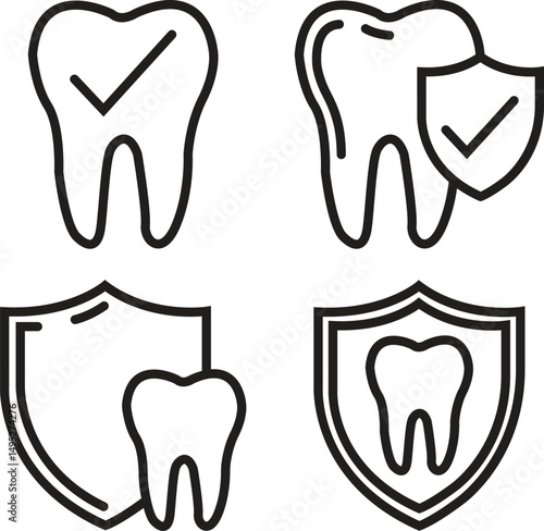 Dental insurance outline icon set. Tooth depicting vectors for websites, mobile interfaces, presentations and visual branding. Teeth care shield protection bacteria symbol. Hospital and medical signs.