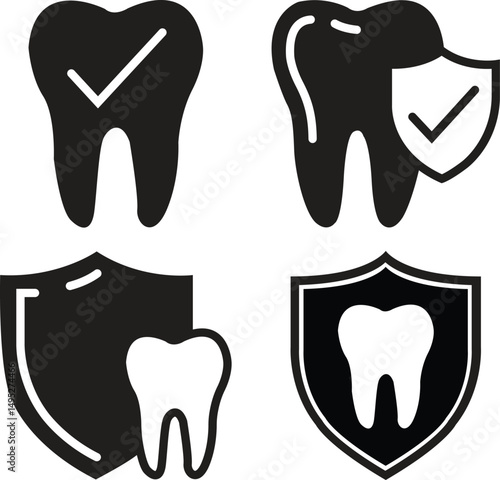 Dental insurance flat icon set. Tooth depicting vectors for websites, mobile interfaces, presentations and visual branding. Teeth care shield protection bacteria symbol. Hospital and medical signs.