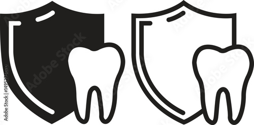 Dental insurance flat, outline icon set. Tooth depicting vectors for website, mobile interface, presentation, visual branding. Teeth care shield protection bacteria symbol. Hospital and medical signs.