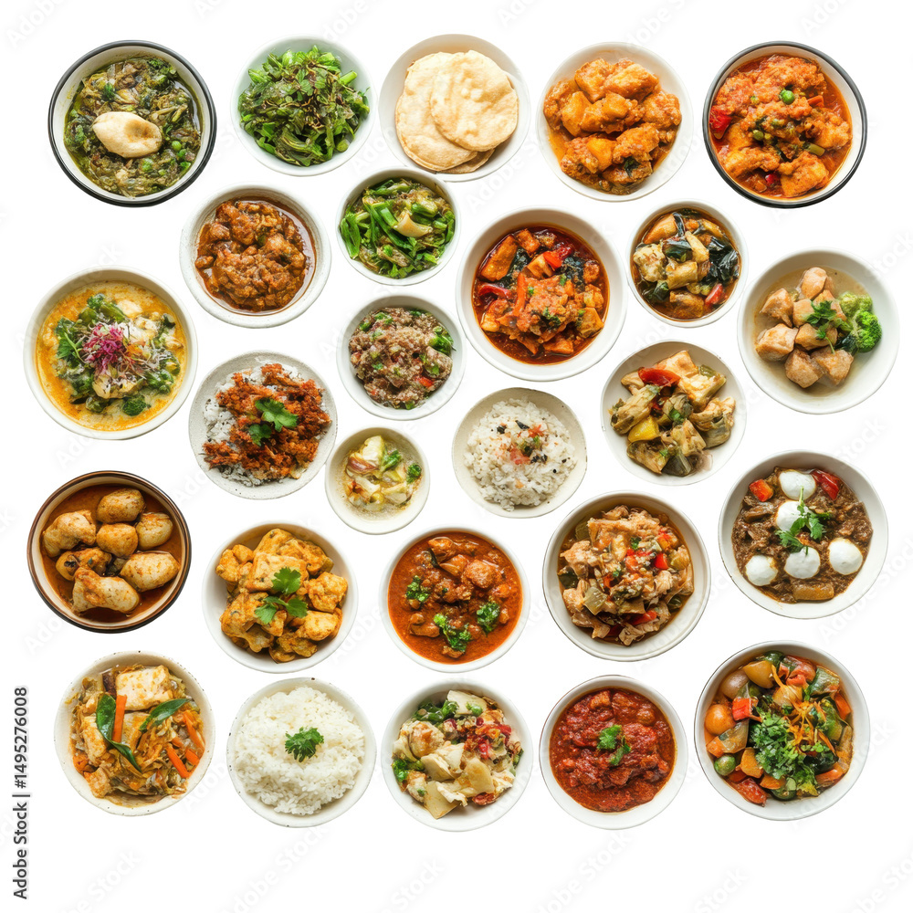 A Colorful Array of Traditional Dishes in Bowls, Showcasing Diverse Cuisines and Flavors on transparent background A Colorful Array of Traditional Dishes in Bowls, Showcasing Diverse Cuisines and Flavors on transparent background