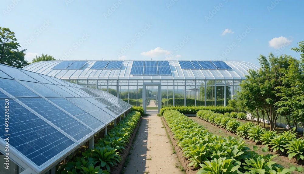 Fototapeta premium Sustainable Greenhouse with Solar Panels Eco Friendly Agriculture and Renewable Energy