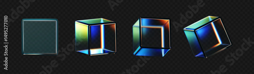 3D crystal glass cubes set with refraction and iridescent effects isolated on dark background. Render transparent rotating glass box with neon dispersion light and rainbow gradient. 3d vector figure