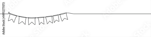 Bunting flags continuous one line drawing. Hand drawn festive flags garland.