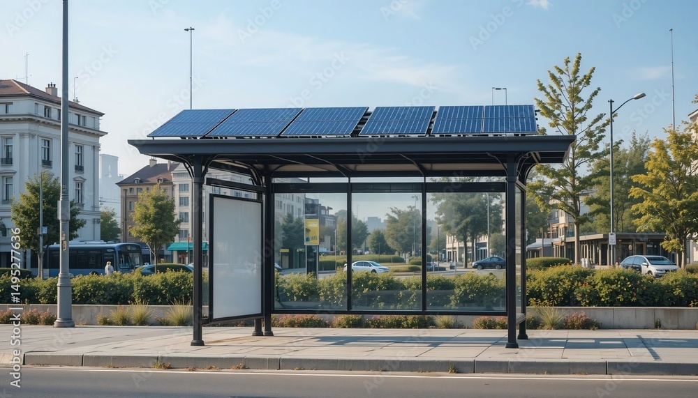 Fototapeta premium Modern Solar Powered Bus Stop Shelter with Blank Advertisement Space in City Setting