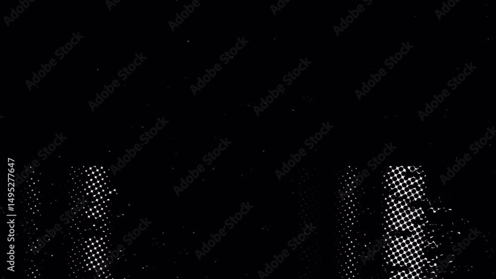 Dirty white scratches overlay with halftone texture on black background for old film and grunge visuals