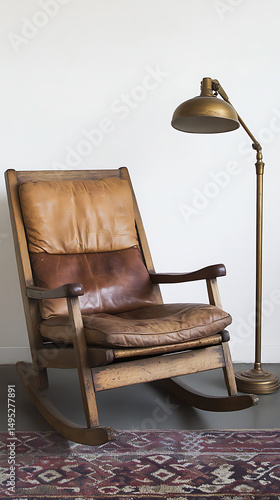 A rustic wooden rocking chair with leather cushions sits beside a brass floor lamp on a patterned rug