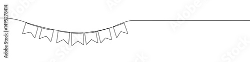 Bunting flags continuous one line drawing. Hand drawn festive flags garland.