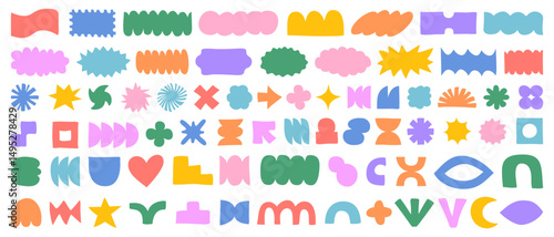 Set Of Hand-Drawn Cute Shapes Vector Design. Collection of Organic Geometric Elements. Doodle Cute Groovy Patches. Brutalist Stickers.
