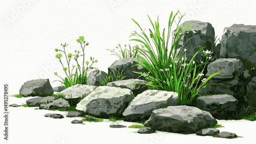 Stone and Petals: Watercolor Contrast flowers on stone isolated watercolor vector illustration svg