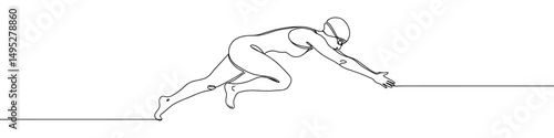 Swimming concept continuous one line drawing. Hand drawn woman ready to jump into the water..