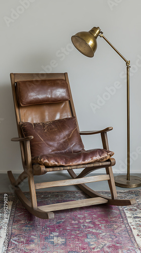A rustic wooden rocking chair with leather cushions sits on a rug, illuminated by a brass desk lamp.  The setting is simple and calming