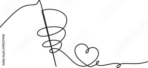 love threading needle wool heart continuous art line