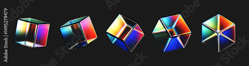 3D crystal glass cubes set with refraction and iridescent effects isolated on dark background. Render transparent rotating glass box with neon dispersion light and rainbow gradient. 3d vector figure