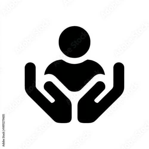 Modern illustration of employees on a human hand line icon, set against a white background in an inclusive workplace with editable colors