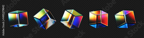 3D crystal glass cubes set with refraction and iridescent effects isolated on dark background. Render transparent rotating glass box with neon dispersion light and rainbow gradient. 3d vector figure