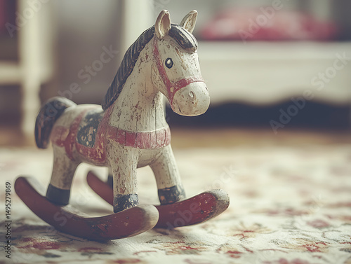 A vintage wooden rocking horse sits on a patterned rug in a softly lit room.  The horse shows signs of age and wear