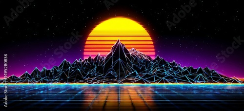 A synth wave style poster featuring a virtual retro purple landscape with an 80s game neon background that includes a road and sun