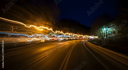 Driving at Night with Light Trails on Curving Road