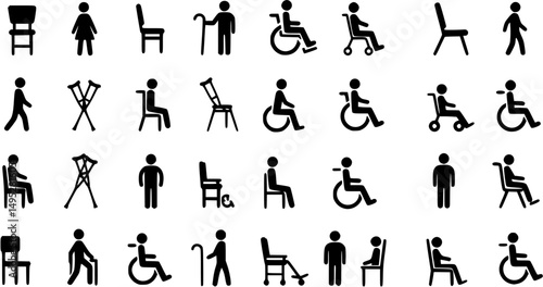 Black and white icons, minimalist chair designs, mobility aids, walking canes, crutches, wheelchair symbol, standing figures, sitting postures, assistive devices, medical equipment silhouettes, access