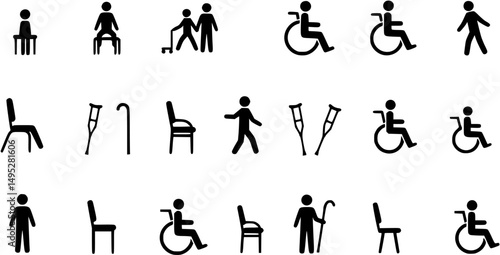 Black and white icons, minimalist chair designs, mobility aids, walking canes, crutches, wheelchair symbol, standing figures, sitting postures, assistive devices, medical equipment silhouettes, access