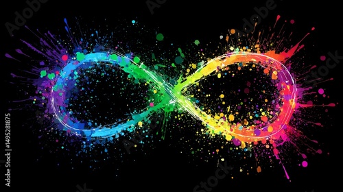 The rainbow infinity symbol, adorned with artistic paint splatter, signifies the diversity of the autism spectrum and the broader neurodiversity movement