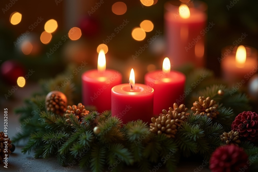 Idea for a photo: Embracing the cozy glow and elegance of a candle-lit Advent wreath amidst lush greenery and festive embellishments. Idea for a photo: Embracing the cozy glow and elegance of a candle-lit Advent wreath amidst lush greenery and festive embellishments.