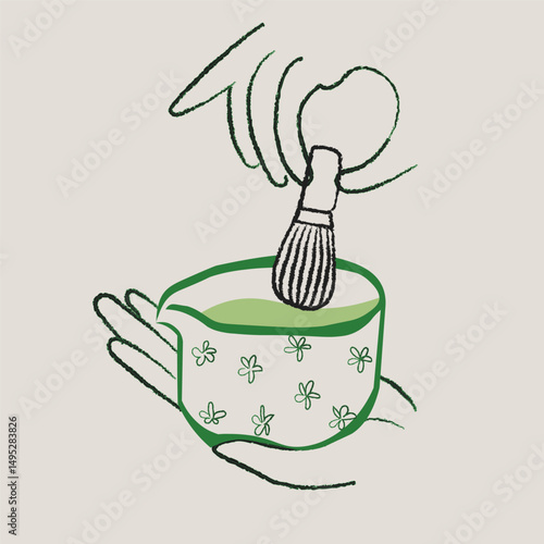 Matcha poster with green color scheme, modern typography, hand drawn illustrations, and artistic design elements for a fresh visual appeal.