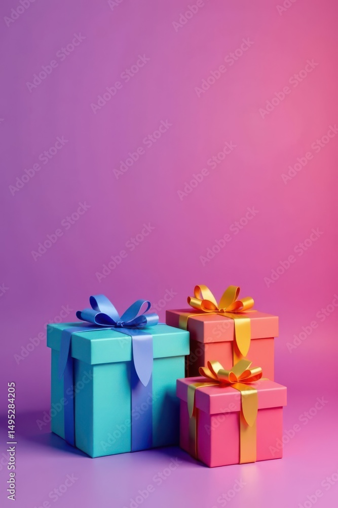 Fototapeta premium Array of vibrant gift boxes with bows, purple backdrop, copy space, texture, overhead