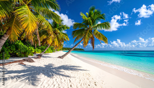 Fototapeta Naklejka Na Ścianę i Meble -  Sunny Caribbean Beach with Palm Trees and Turquoise Water – Tropical Paradise for Adobe Stock