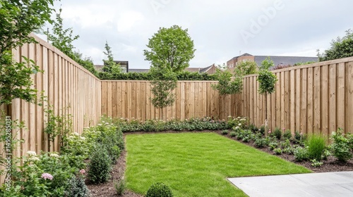Fenced backyard in a suburban housing estate with trimmed grass and garden beds