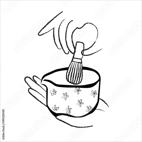 Matcha tea vector drawing. Bowl with matcha powder, green tea leaves, and bamboo whisk sketch. Hand-drawn Asian drink elements in a vintage style