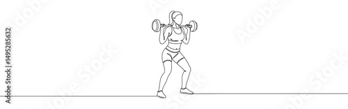 Strong woman holding barbell overhead continuous one line drawing. Hand drawn powerlifting concept.