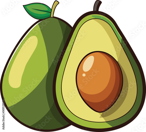 A whole avocado and a halved avocado with a visible seed healthy eating fruit, Illustration of a whole and halved avocado highlighting its nutritional value and appealing visual characteristics