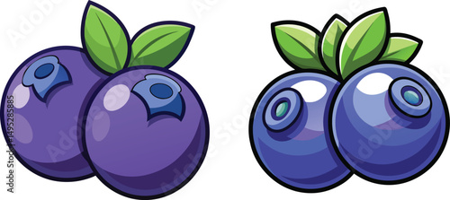 Two illustrations of blueberries with leaves one purple one blue, A cartoon illustration of two sets of blueberries each with leaves