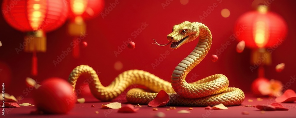 Fototapeta premium Golden snake coiled amidst vibrant red lanterns and fireworks Red background , holiday, festival, prosperity
