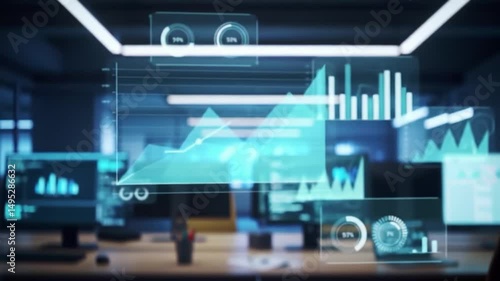 Data visualization in a modern office space during late evening hours