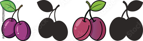 Two plums illustration with color and silhouette variations a healthy fruit snack, A graphic illustration showing variations of plums in different colors and styles including color and silhouette 