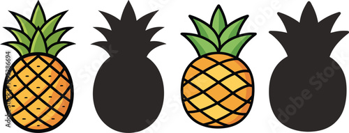 Four pineapple illustrations two colored two silhouettes fun tropical fruit design, A simple graphic design featuring colored and silhouetted pineapples