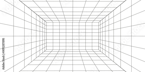  Empty futuristic digital box room white background with black grid space line color surface. Network cyber technology. banner, cover, terrain, sci-fi, wireframe, and related to background.