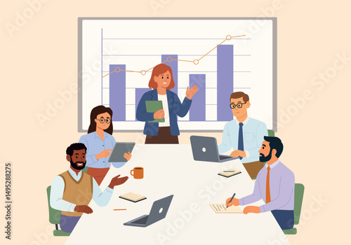 Business Discussion. A group of diverse business people having a discussion at a table with graphs. Vector flat illustration