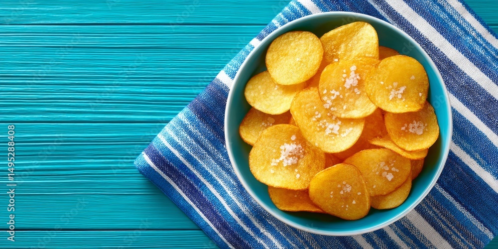 A bowl of crispy golden potato chips with sea salt on a rustic table A bowl of crispy golden potato chips with sea salt on a rustic table