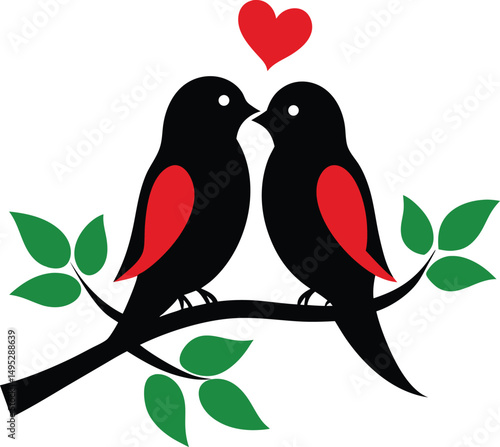 Two Lovebirds on a Branch Silhouette on White Background