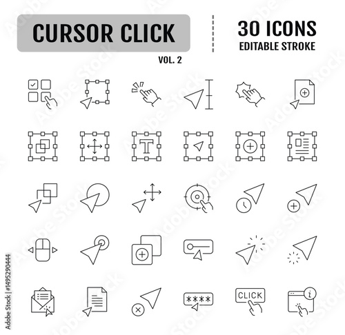 Cursor click line editable icon set. Containing Cursor, pointer, arrow, mouse click, touchpad and more. Vector illustration